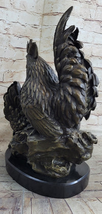Two Roosters Bronze Metal Sculpture on Marble Base