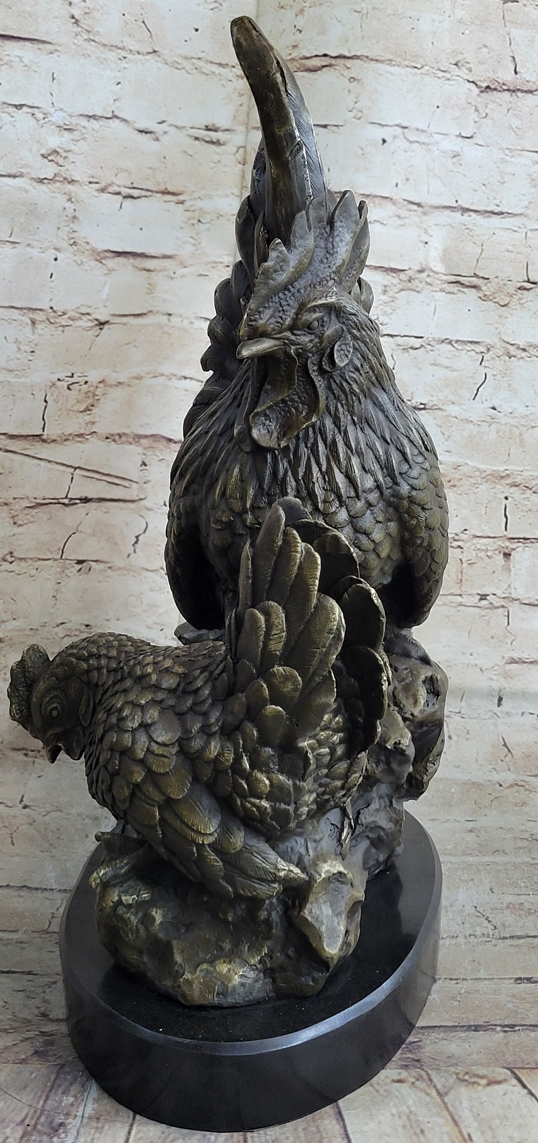 Two Roosters Bronze Metal Sculpture on Marble Base
