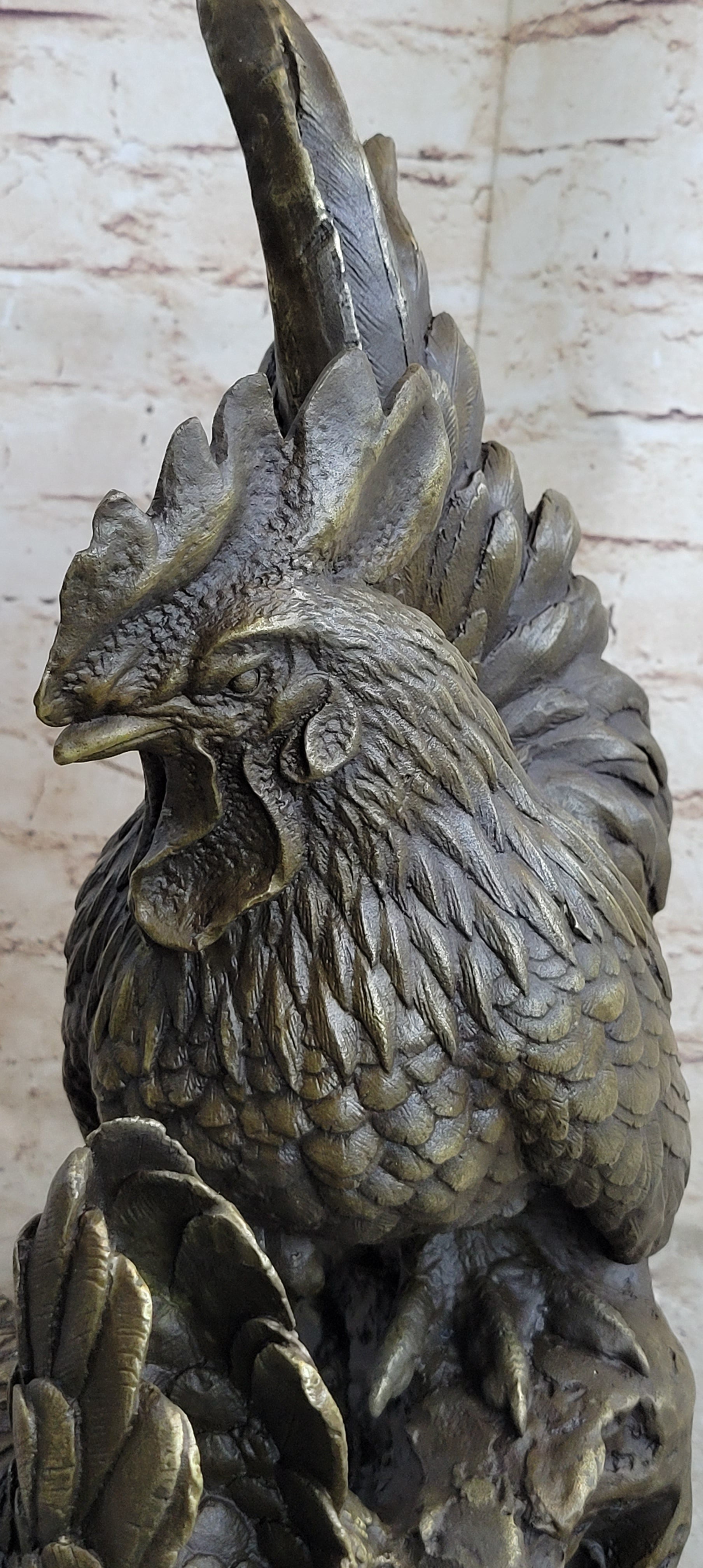 Two Roosters Bronze Metal Sculpture on Marble Base