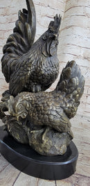 Two Roosters Bronze Metal Sculpture on Marble Base