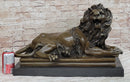 Roaring Guardian Lion Laying Down Bronze Sculpture on Marble Base