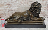 Roaring Guardian Lion Laying Down Bronze Sculpture on Marble Base