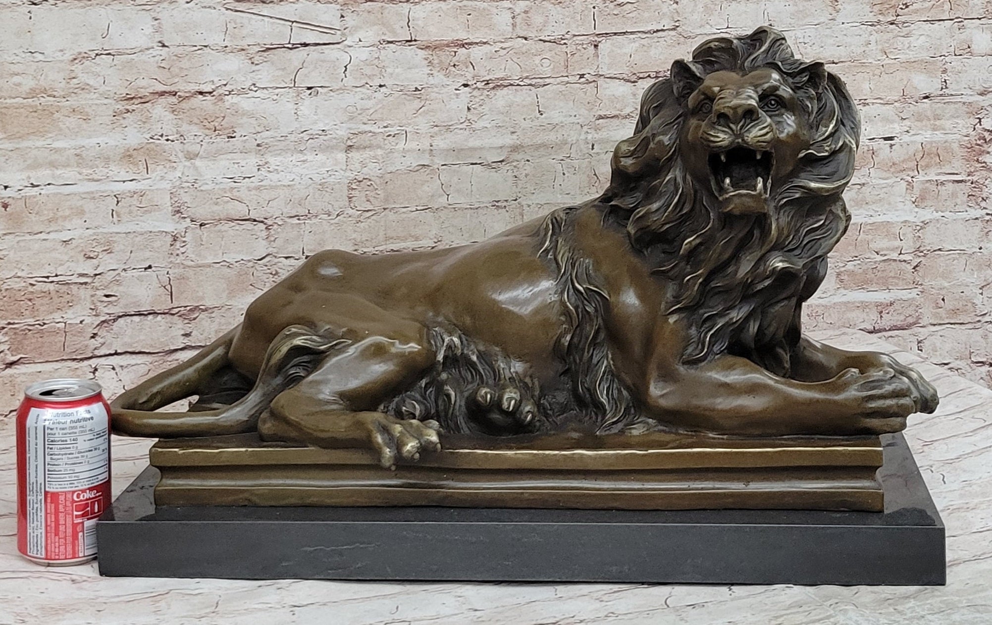 Roaring Guardian Lion Laying Down Bronze Sculpture on Marble Base