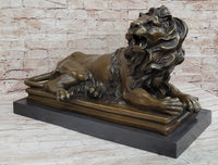 Roaring Guardian Lion Laying Down Bronze Sculpture on Marble Base