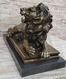 Roaring Guardian Lion Laying Down Bronze Sculpture on Marble Base
