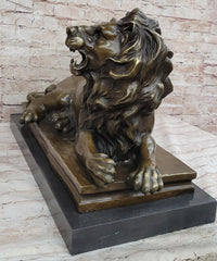 Roaring Guardian Lion Laying Down Bronze Sculpture on Marble Base