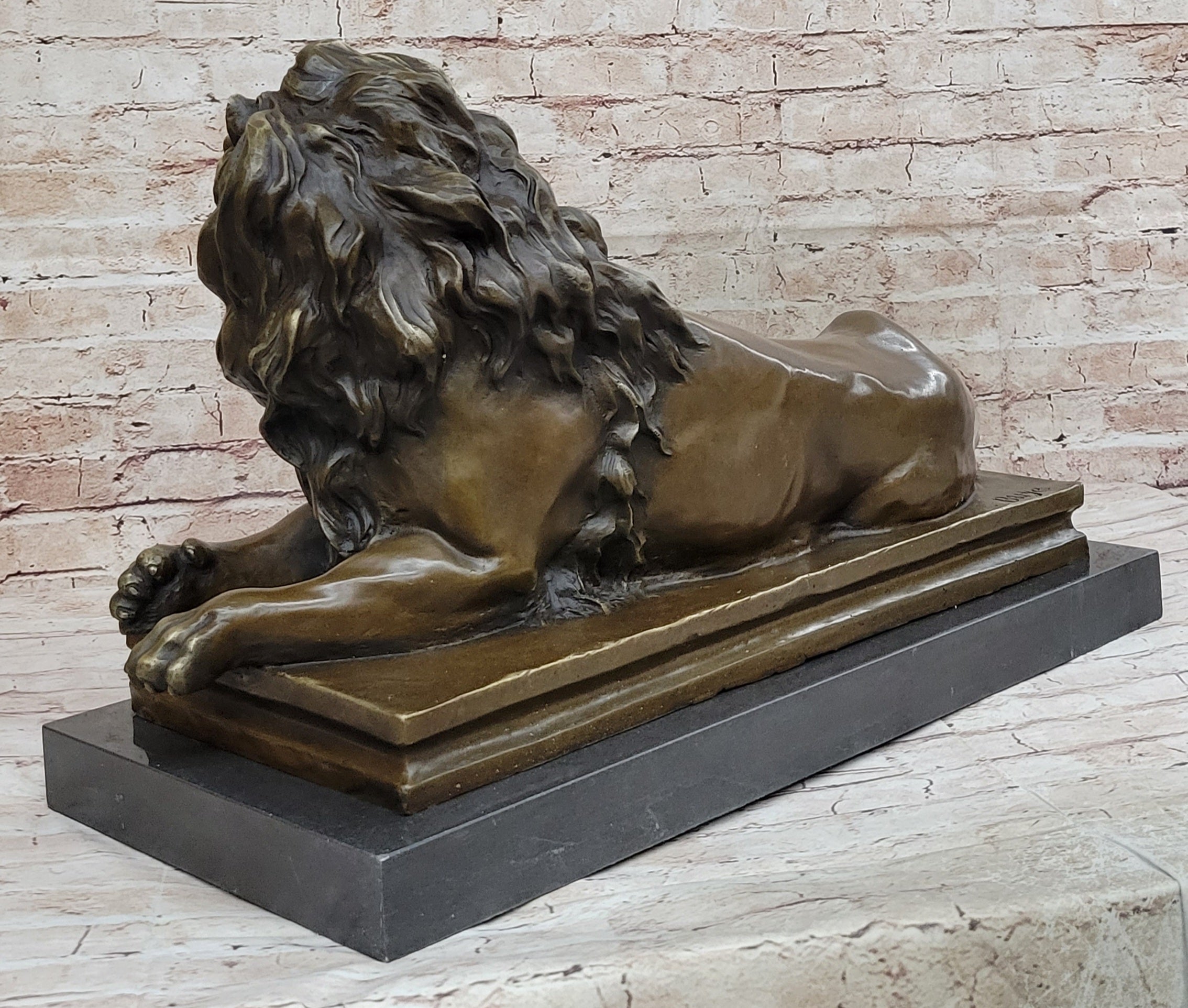 Roaring Guardian Lion Laying Down Bronze Sculpture on Marble Base
