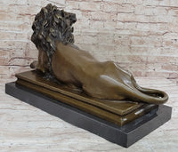 Roaring Guardian Lion Laying Down Bronze Sculpture on Marble Base