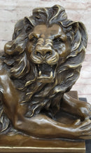 Roaring Guardian Lion Laying Down Bronze Sculpture on Marble Base