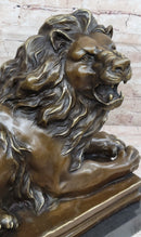 Roaring Guardian Lion Laying Down Bronze Sculpture on Marble Base