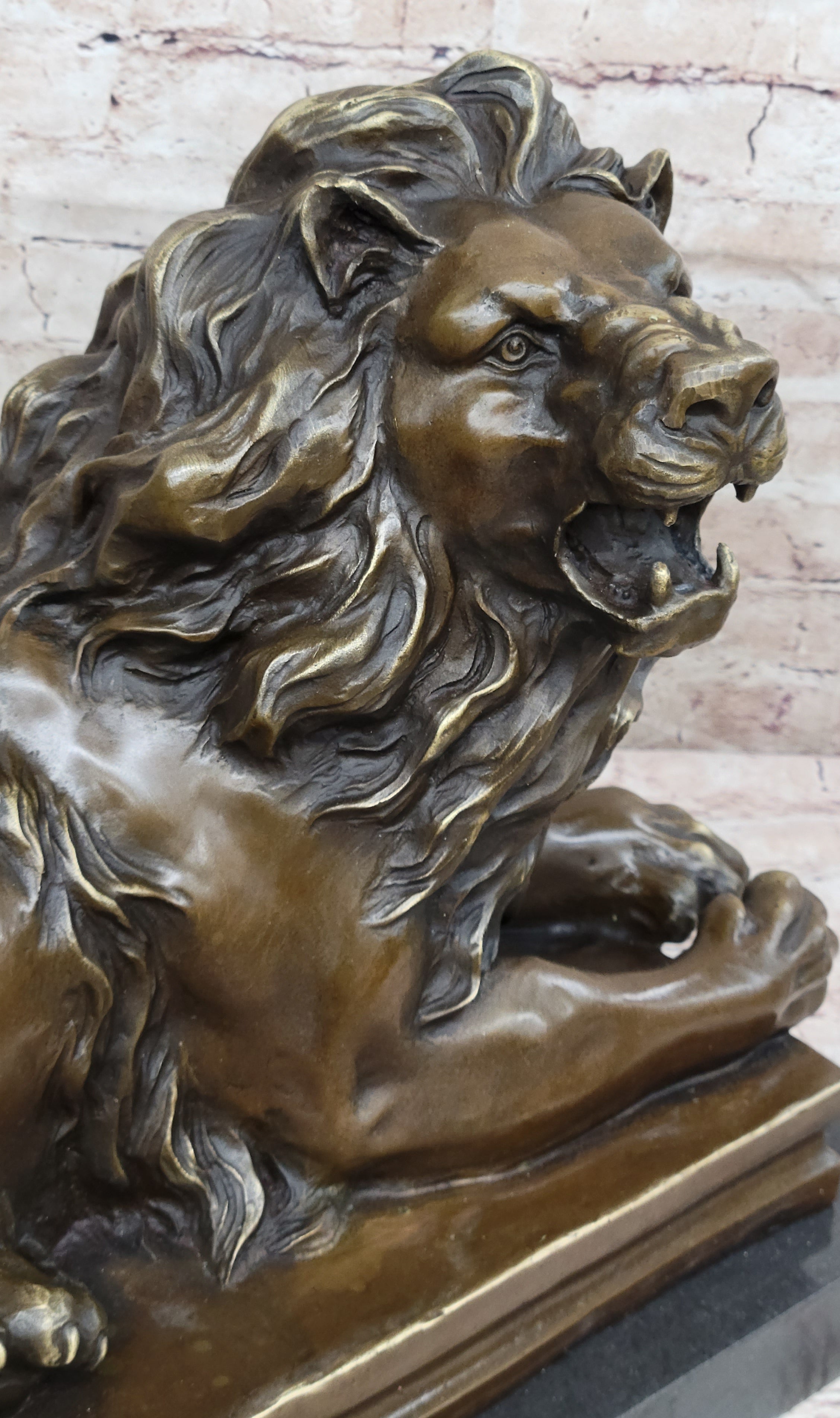 Roaring Guardian Lion Laying Down Bronze Sculpture on Marble Base