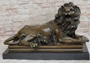 Roaring Guardian Lion Laying Down Bronze Sculpture on Marble Base