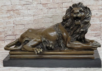 Roaring Guardian Lion Laying Down Bronze Sculpture on Marble Base