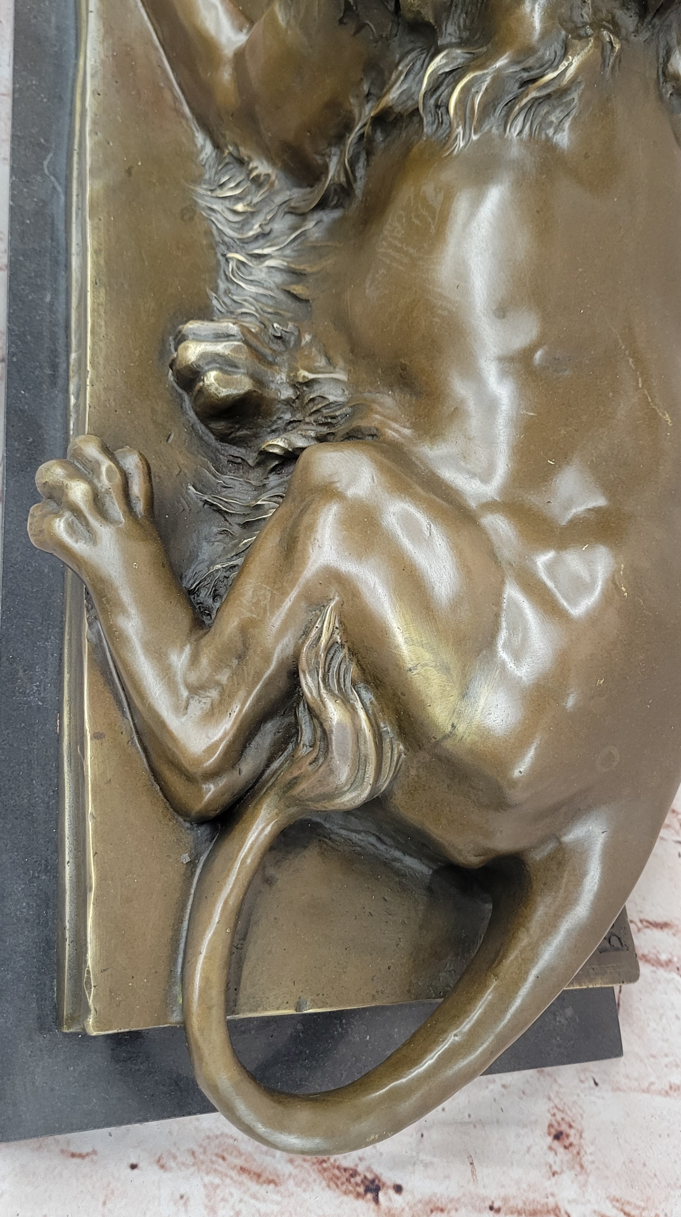 Guardian Lion Bronze Figure on Marble Base after Antoine Barye