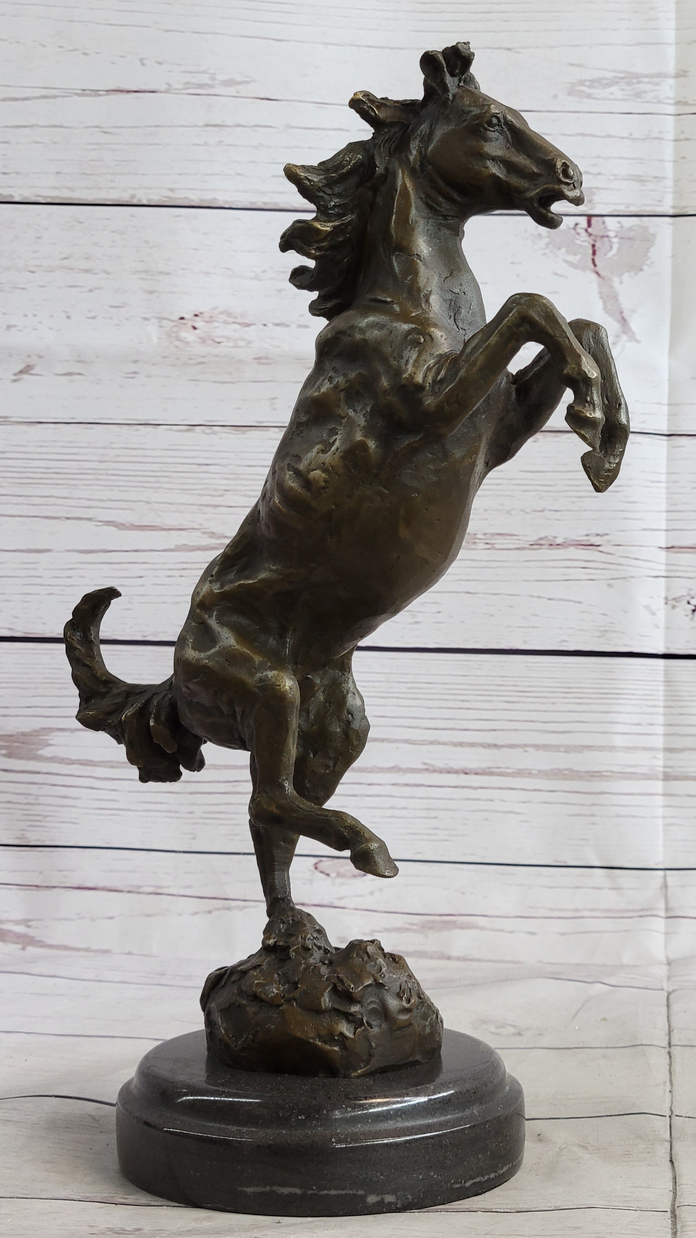 Signed Barye Rearing Horse Bronze Marble Sculpture