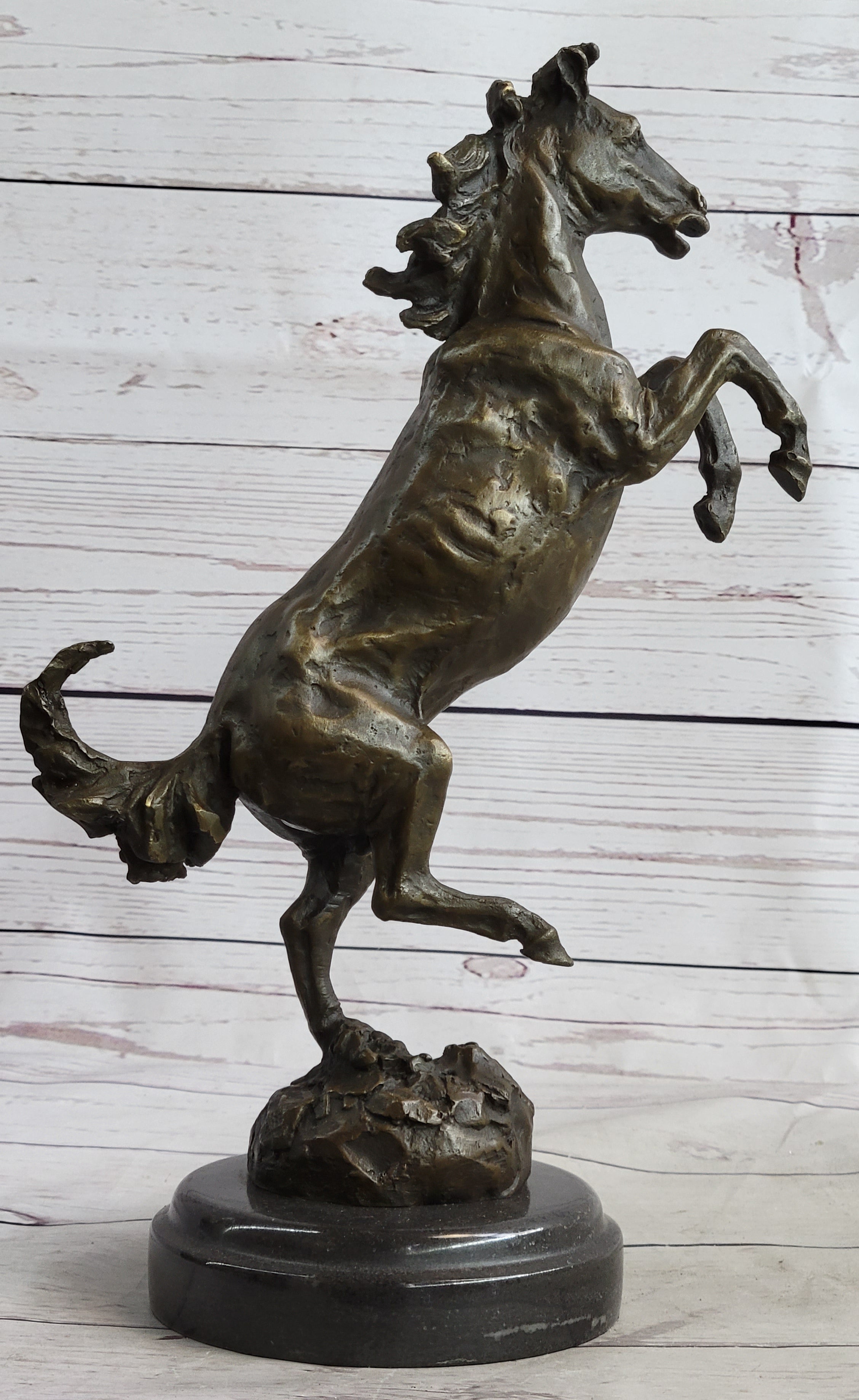 Signed Barye Rearing Horse Bronze Marble Sculpture