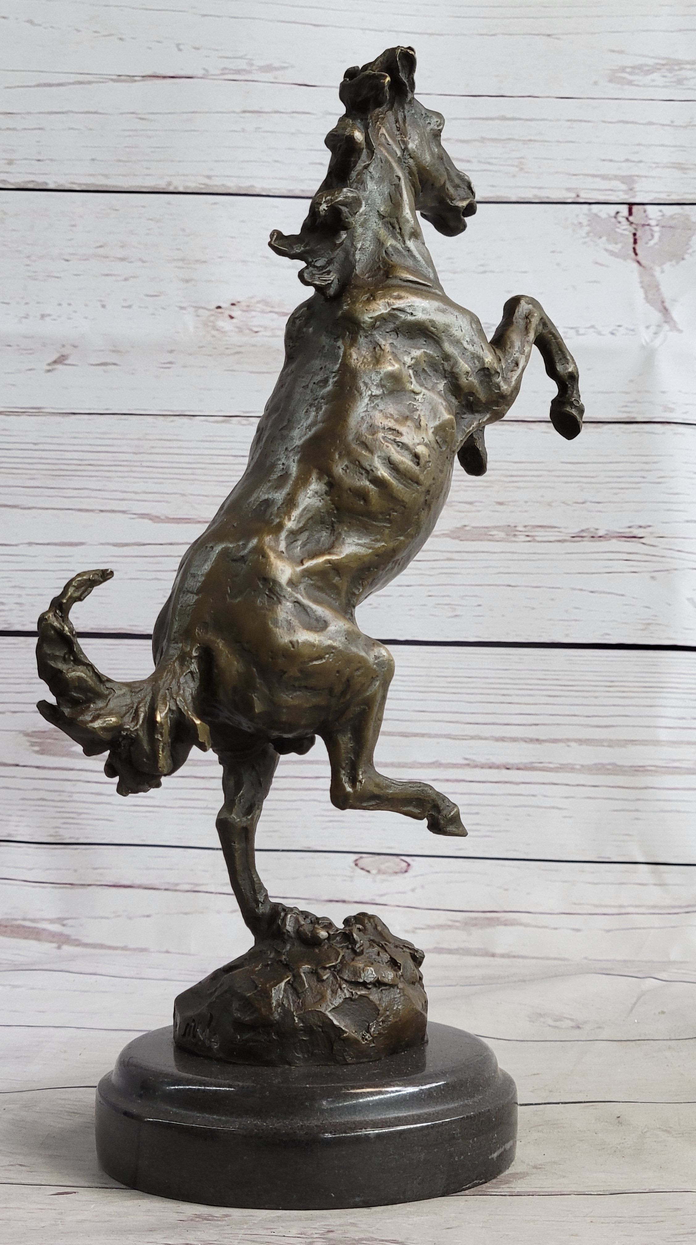 Signed Barye Rearing Horse Bronze Marble Sculpture