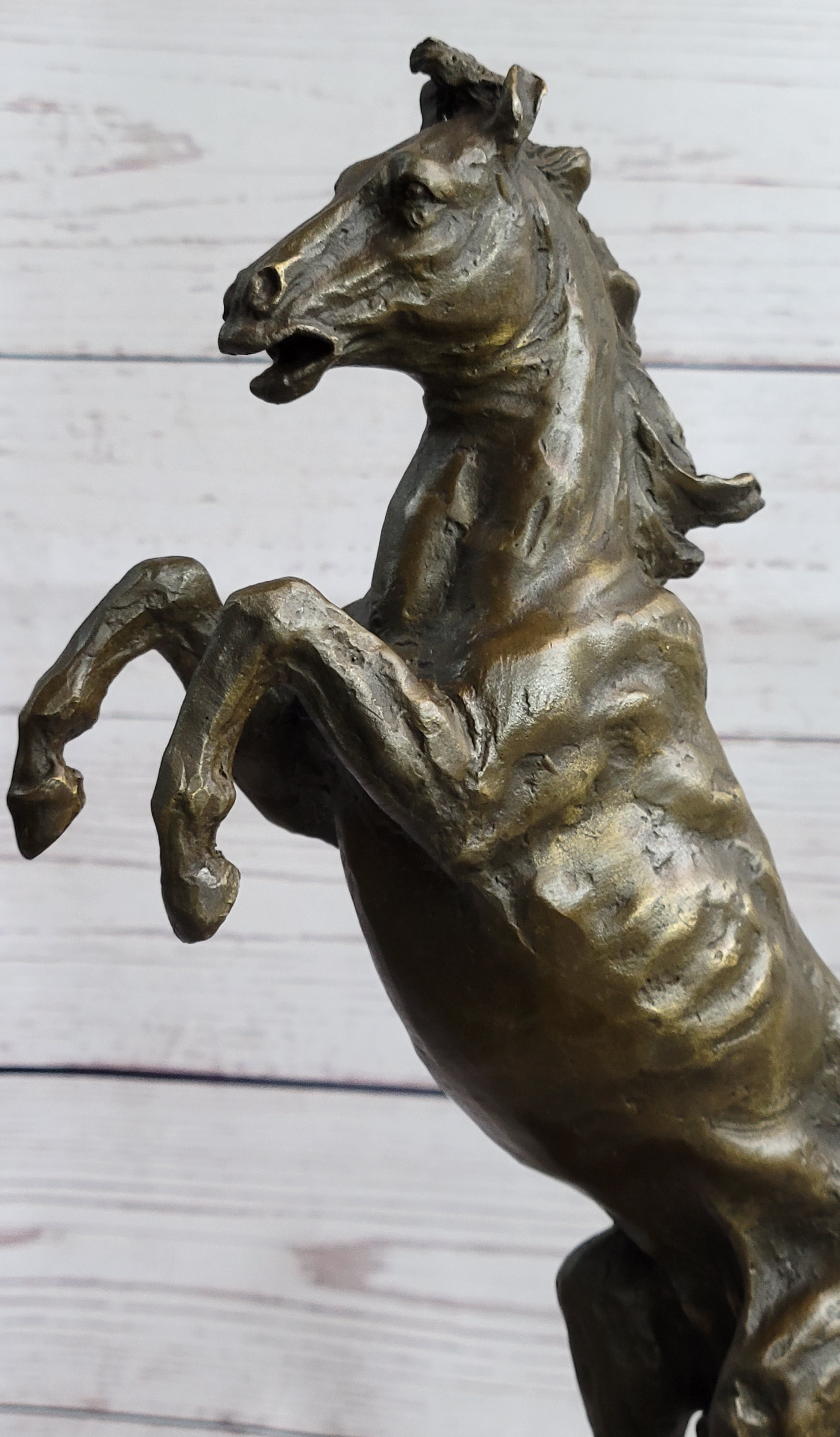 Signed Barye Rearing Horse Bronze Marble Sculpture