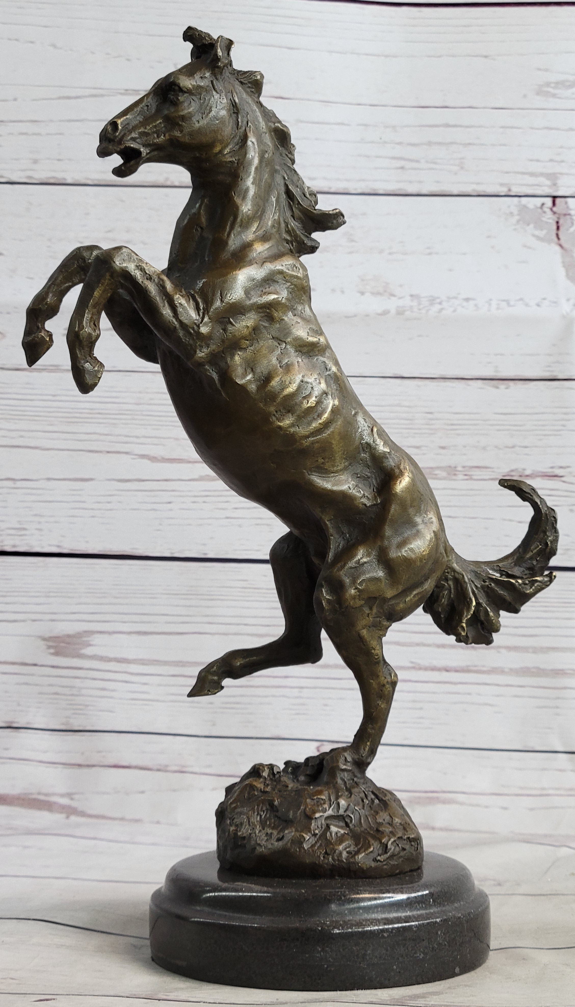 Signed Barye Rearing Horse Bronze Marble Sculpture