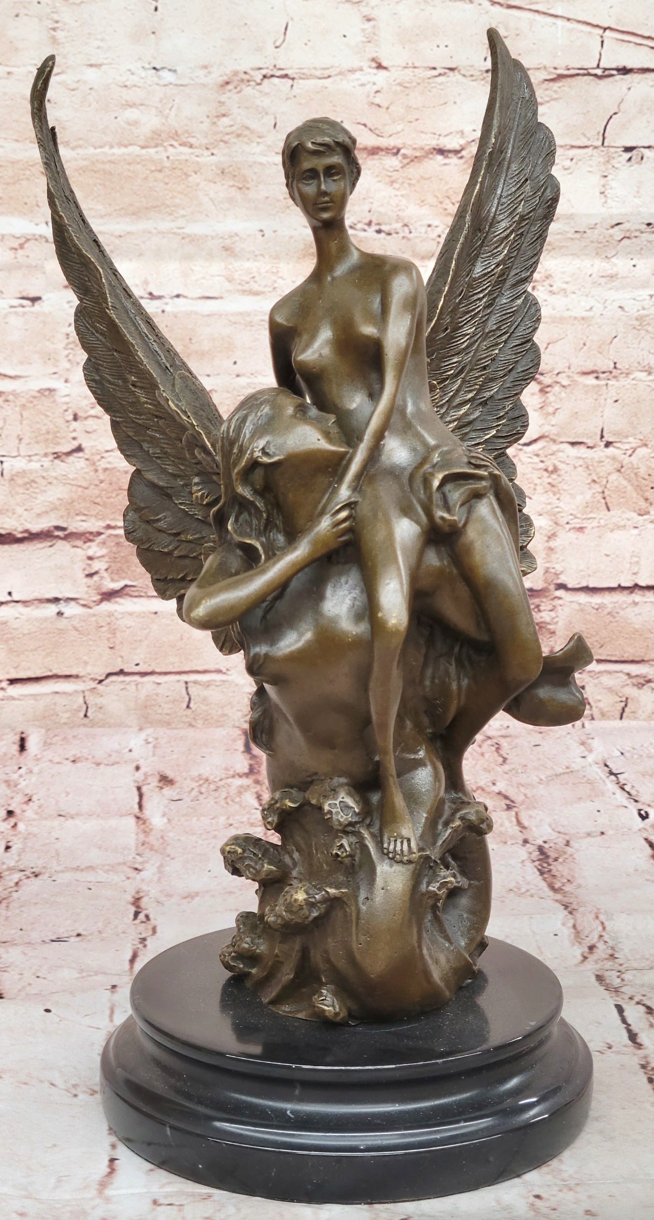 Bronze Angel Sculpture – Embrace of Two Winged Figures