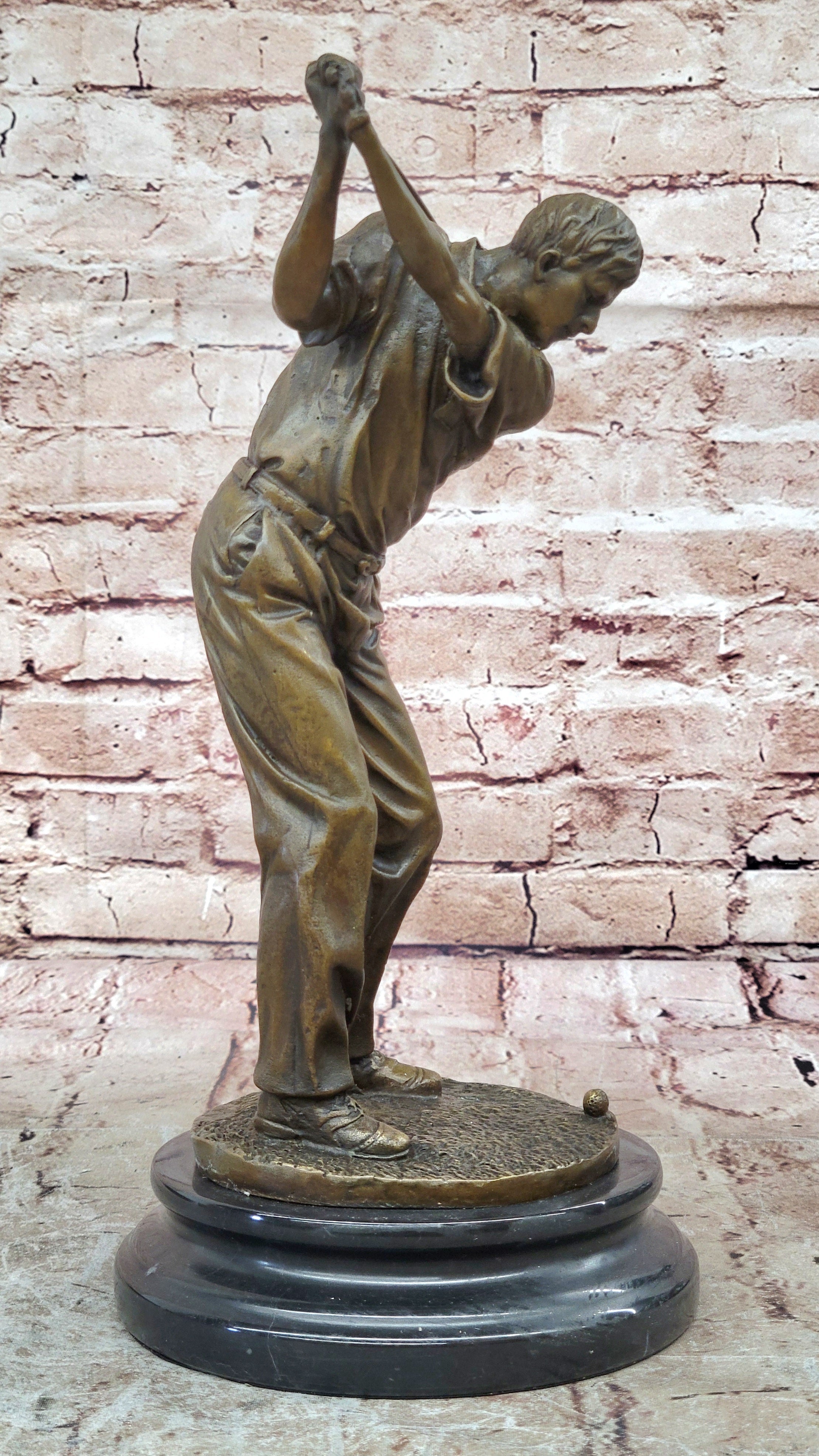 Bronze Golfer Sculpture on Marble Base Signed Milo