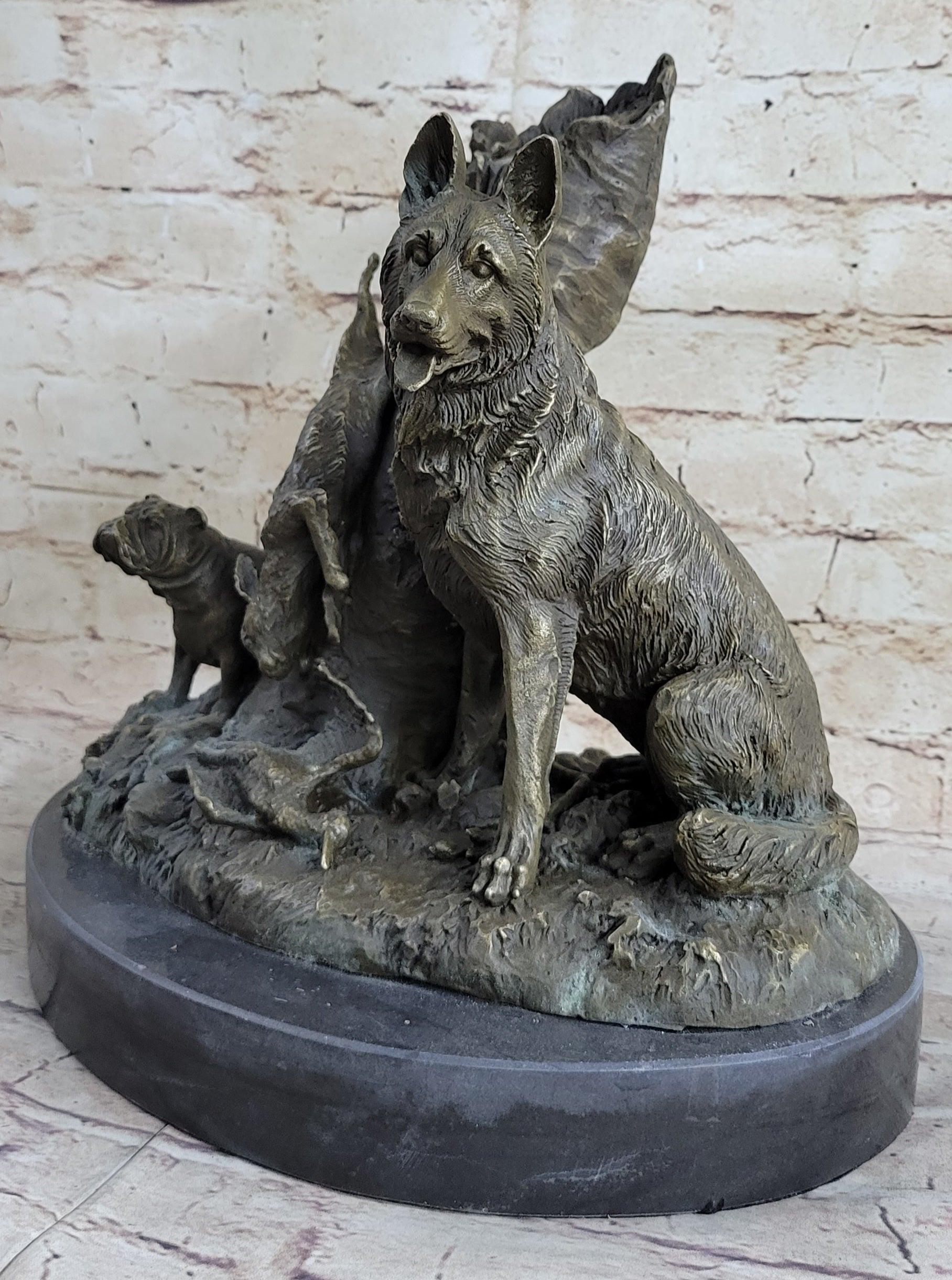 Hunting Dogs English Bulldog Shepherd Bronze Sculpture Marble Base