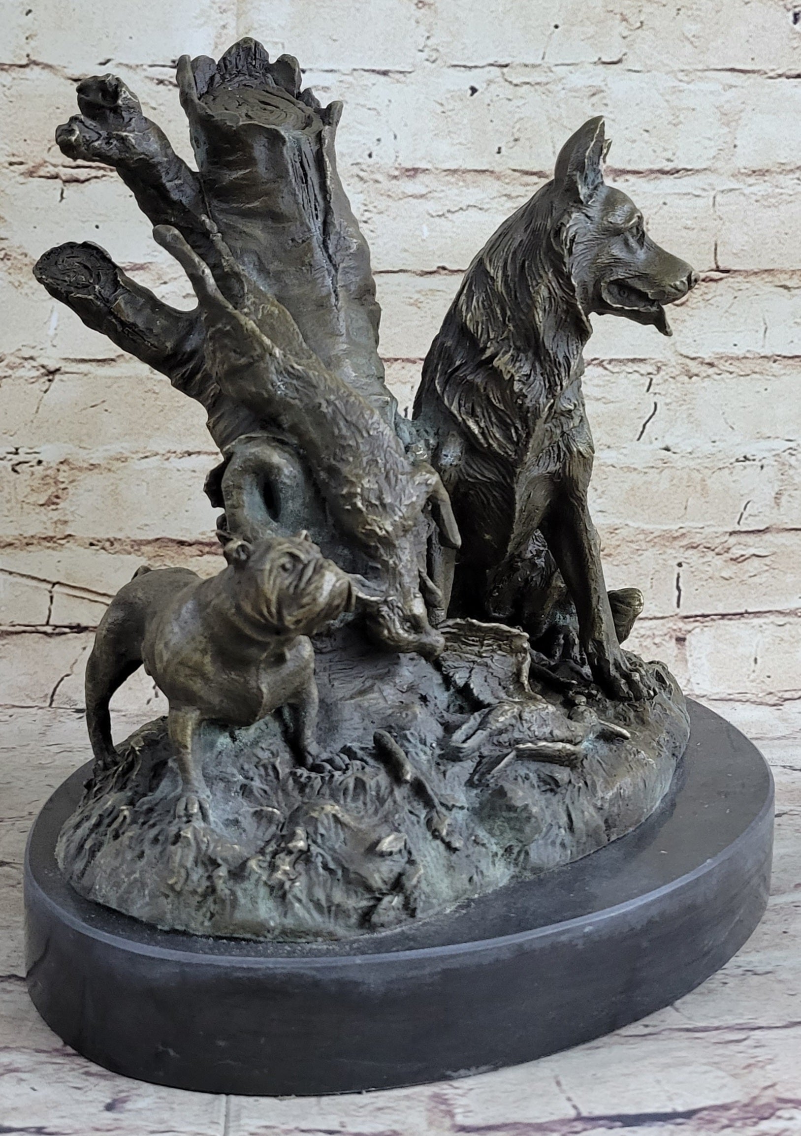Hunting Dogs English Bulldog Shepherd Bronze Sculpture Marble Base