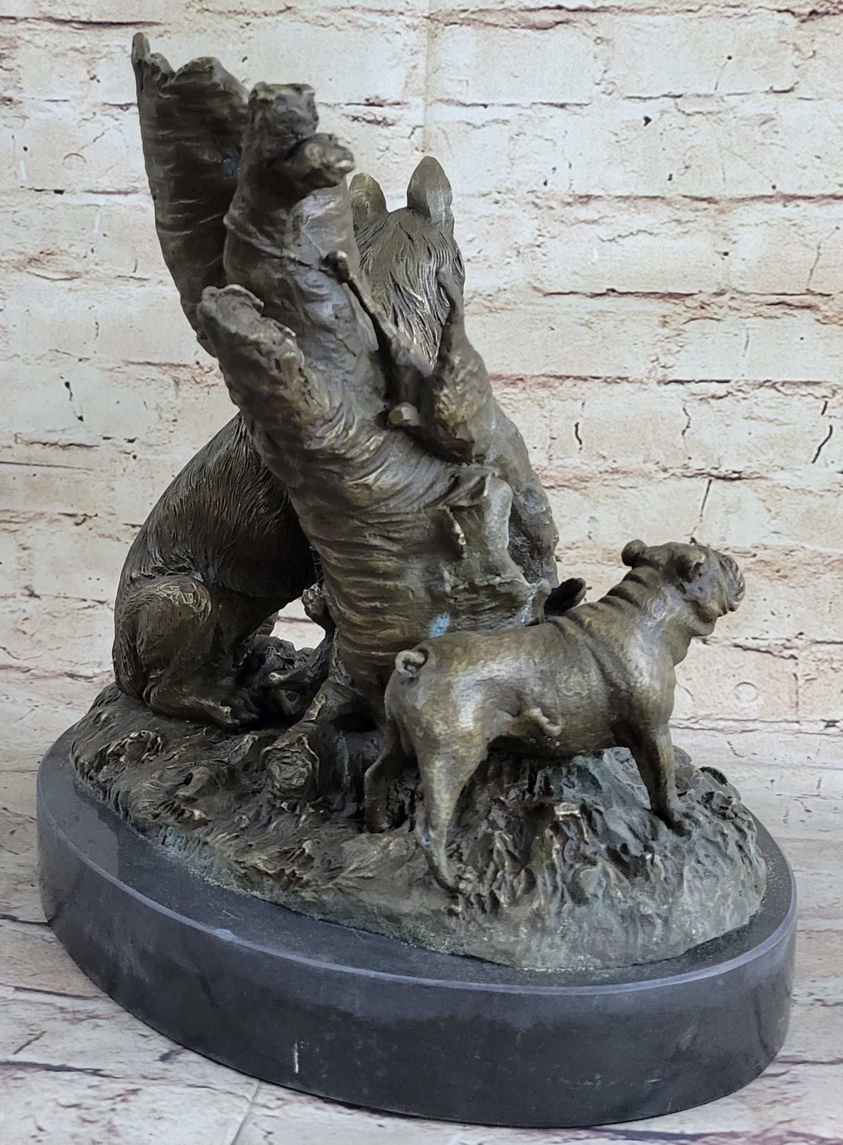 Hunting Dogs English Bulldog Shepherd Bronze Sculpture Marble Base