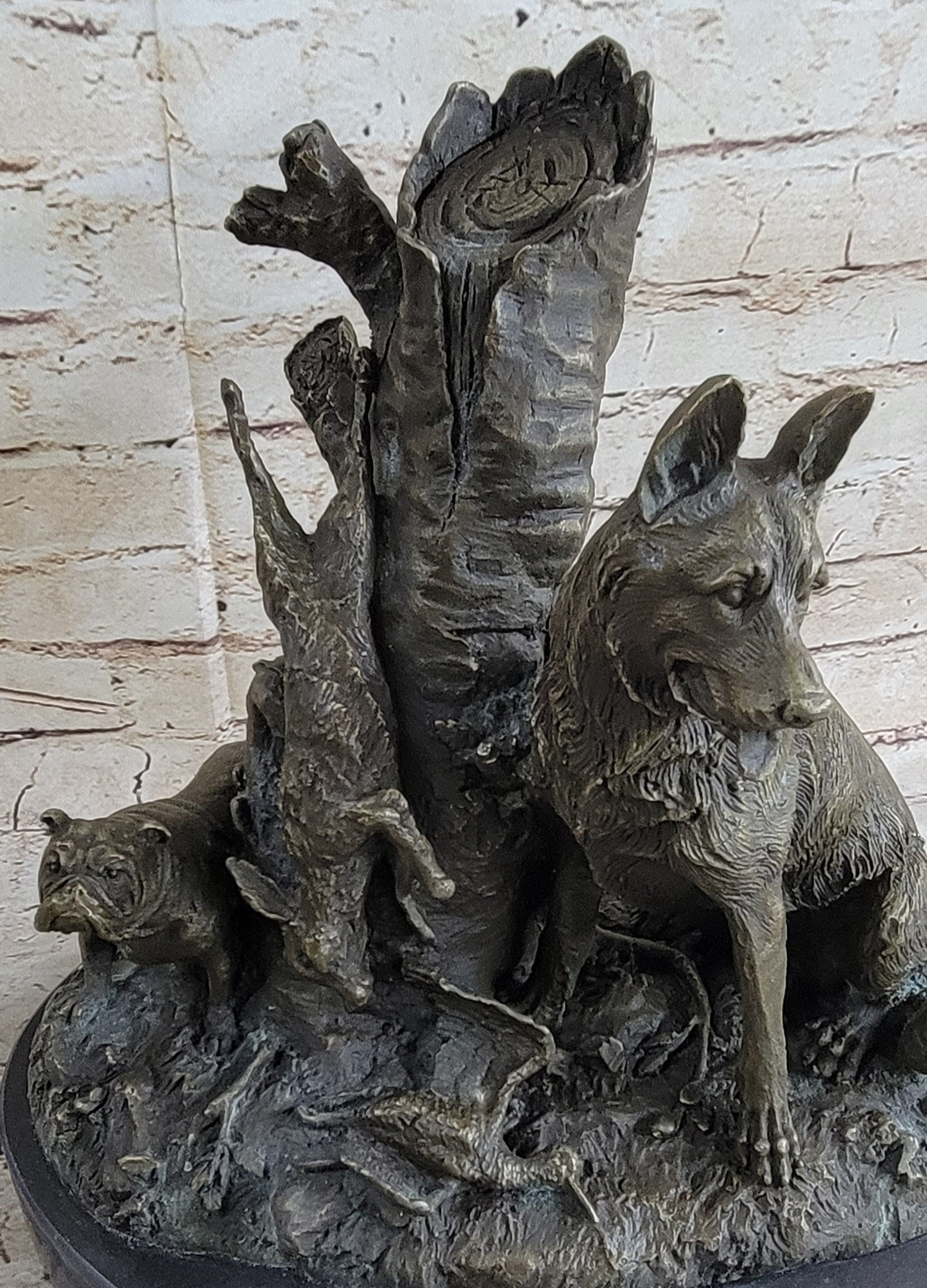 Hunting Dogs English Bulldog Shepherd Bronze Sculpture Marble Base
