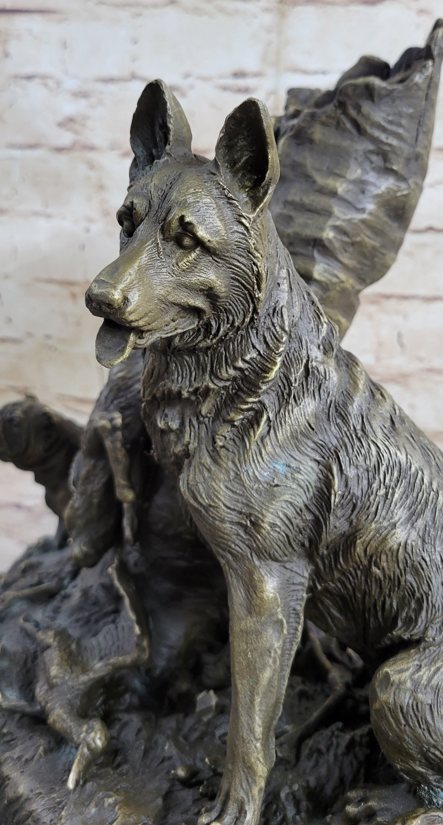 Hunting Dogs English Bulldog Shepherd Bronze Sculpture Marble Base