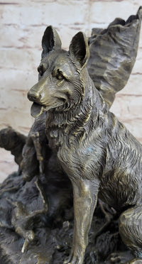 Hunting Dogs English Bulldog Shepherd Bronze Sculpture Marble Base