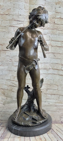 Semi Nude Bronze Figure Statue Sculpture of Boy Child Playing Flutes on Marble Base