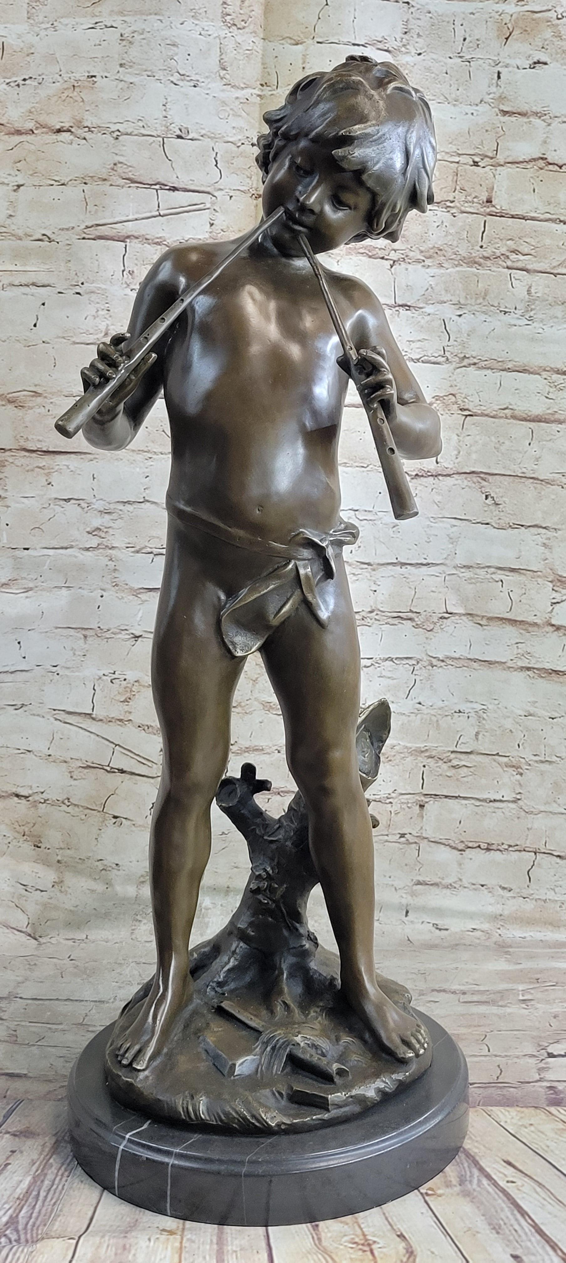 Semi Nude Bronze Figure Statue Sculpture of Boy Child Playing Flutes on Marble Base