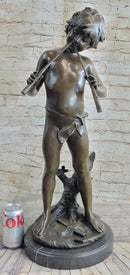 Semi Nude Bronze Figure Statue Sculpture of Boy Child Playing Flutes on Marble Base