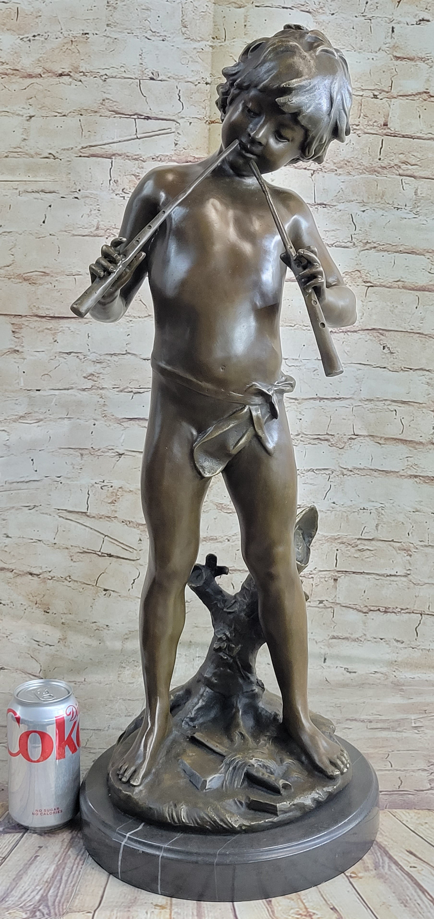 Semi Nude Bronze Figure Statue Sculpture of Boy Child Playing Flutes on Marble Base
