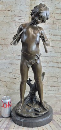Semi Nude Bronze Figure Statue Sculpture of Boy Child Playing Flutes on Marble Base