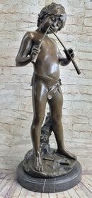 Semi Nude Bronze Figure Statue Sculpture of Boy Child Playing Flutes on Marble Base
