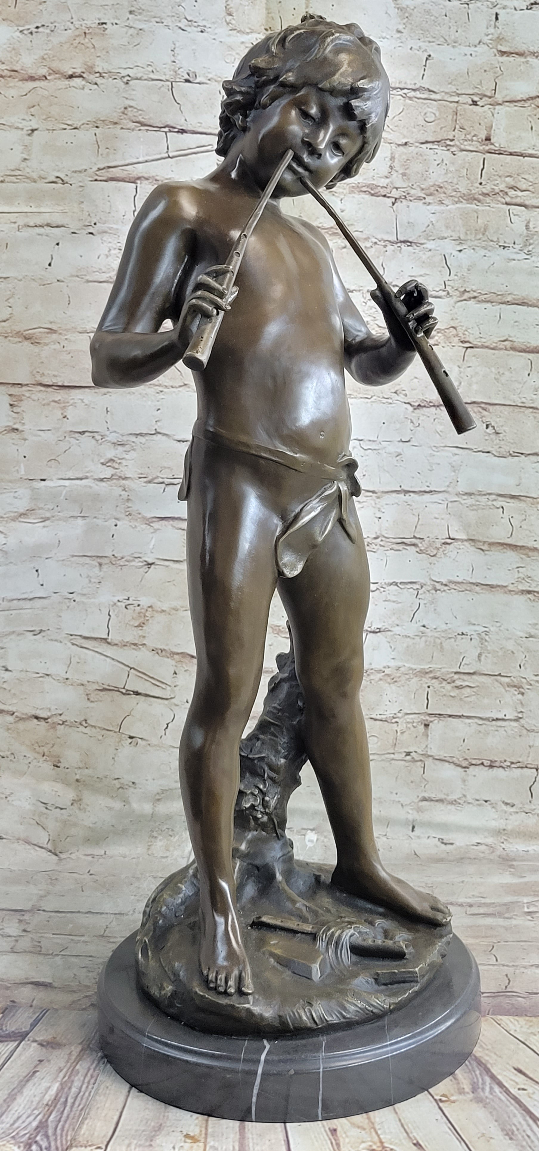 Semi Nude Bronze Figure Statue Sculpture of Boy Child Playing Flutes on Marble Base