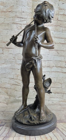Semi Nude Bronze Figure Statue Sculpture of Boy Child Playing Flutes on Marble Base