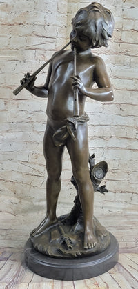 Semi Nude Bronze Figure Statue Sculpture of Boy Child Playing Flutes on Marble Base