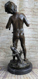 Semi Nude Bronze Figure Statue Sculpture of Boy Child Playing Flutes on Marble Base