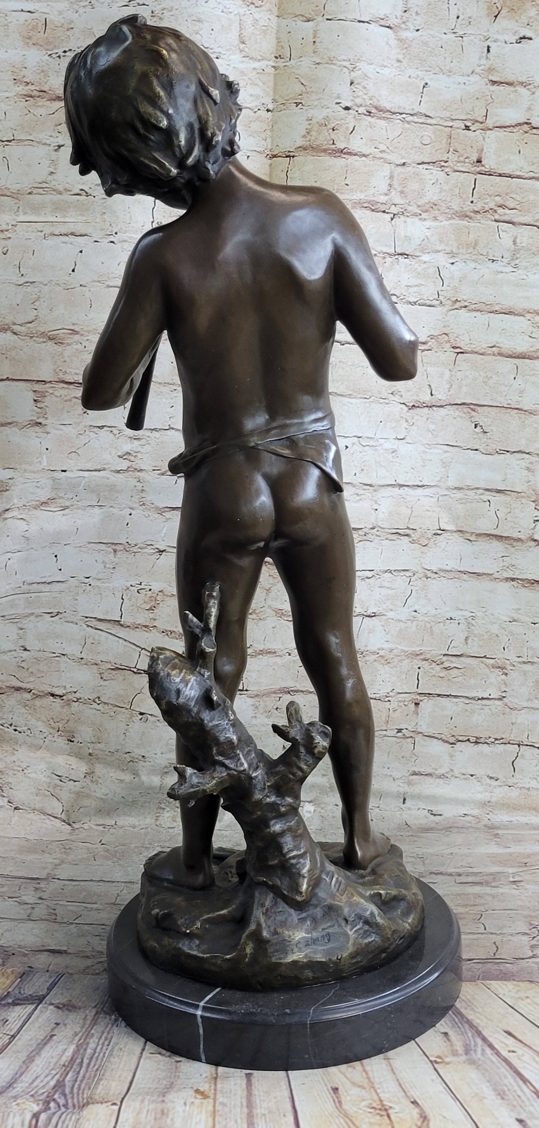 Semi Nude Bronze Figure Statue Sculpture of Boy Child Playing Flutes on Marble Base