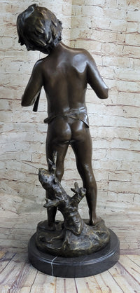 Semi Nude Bronze Figure Statue Sculpture of Boy Child Playing Flutes on Marble Base