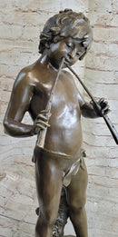 Semi Nude Bronze Figure Statue Sculpture of Boy Child Playing Flutes on Marble Base