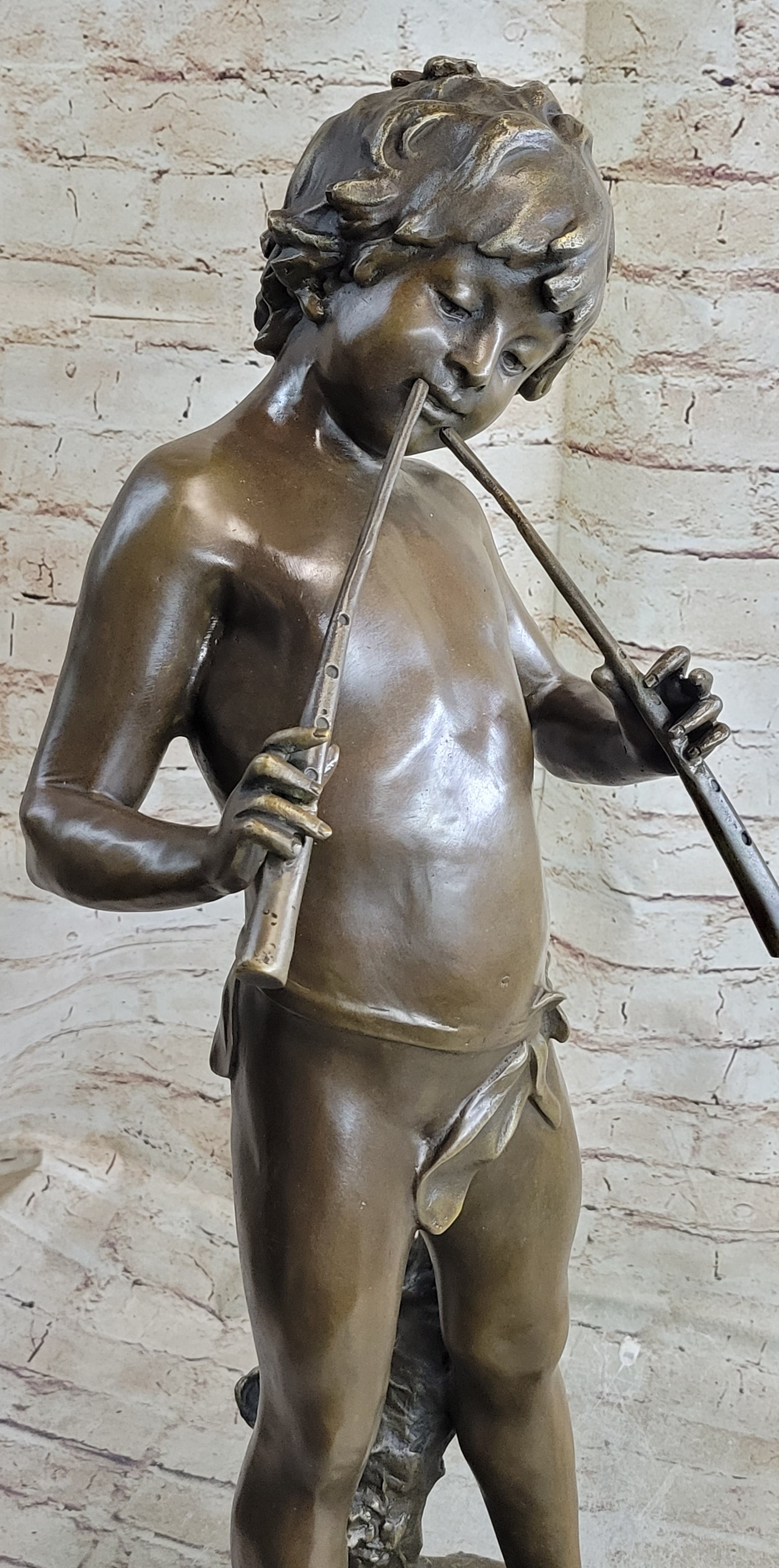 Semi Nude Bronze Figure Statue Sculpture of Boy Child Playing Flutes on Marble Base