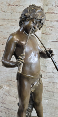 Semi Nude Bronze Figure Statue Sculpture of Boy Child Playing Flutes on Marble Base