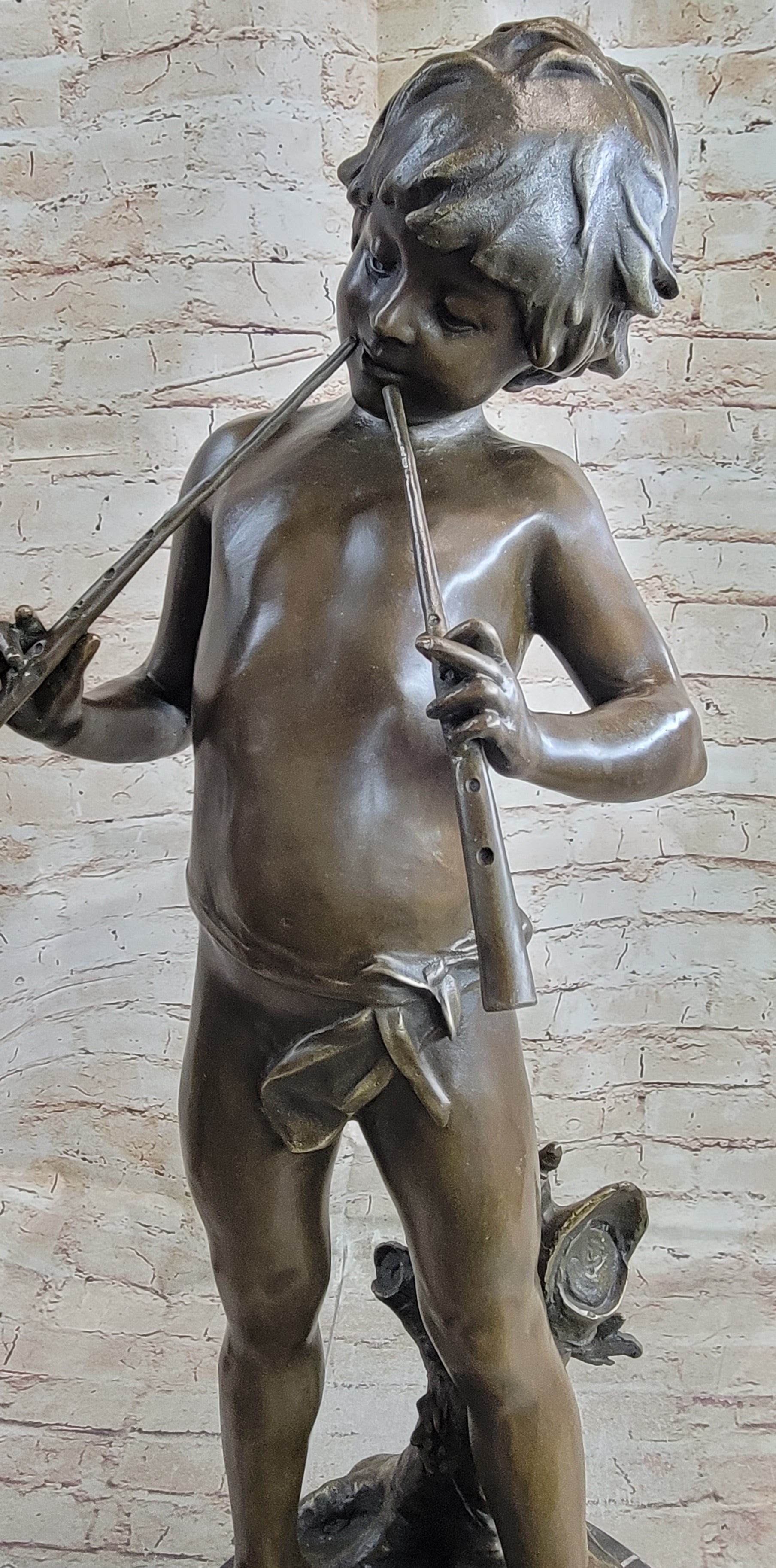 Semi Nude Bronze Figure Statue Sculpture of Boy Child Playing Flutes on Marble Base