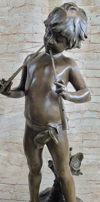 Semi Nude Bronze Figure Statue Sculpture of Boy Child Playing Flutes on Marble Base
