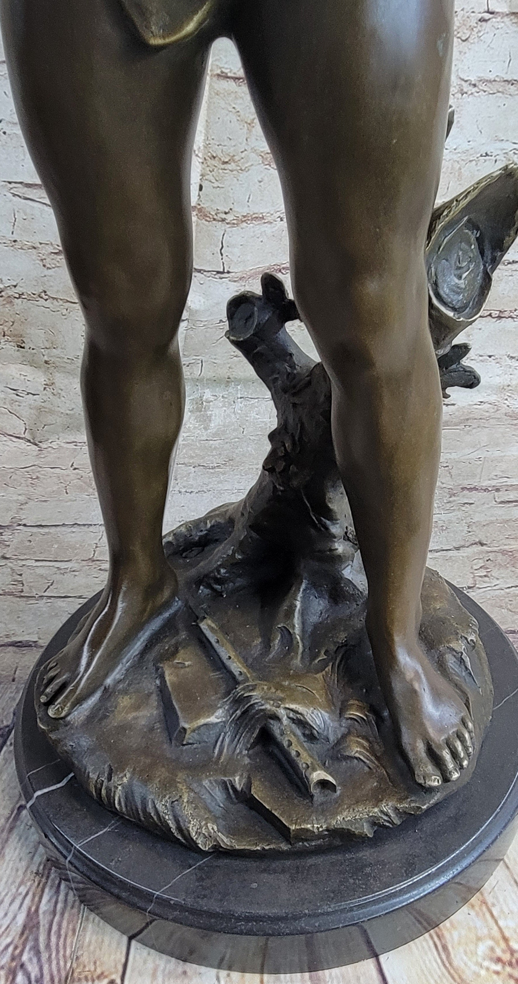 Semi Nude Bronze Figure Statue Sculpture of Boy Child Playing Flutes on Marble Base