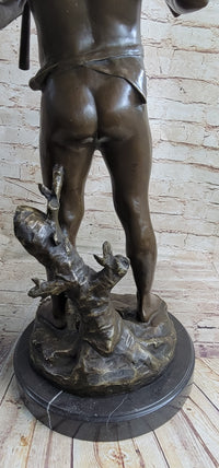 Semi Nude Bronze Figure Statue Sculpture of Boy Child Playing Flutes on Marble Base